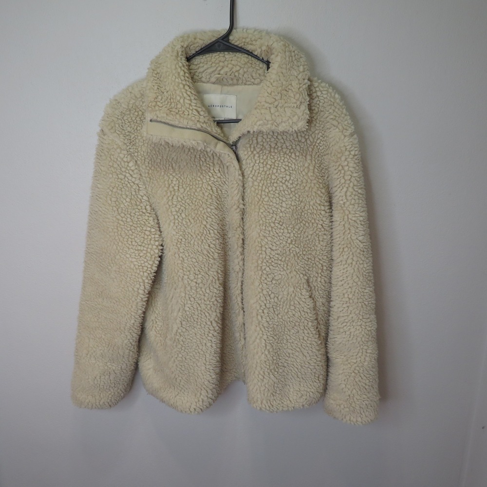 Aeropostale Sherpa Fleece Jacket Cream Off White Full Zip Teddy Coat Small
